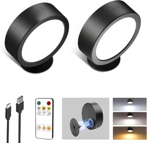 EZVALO LED Wall Mounted Light, 3000mAh Rechargeable Cordless Wall Sconce, Dimmable with Remote & Touch Control, 3 Color Temps, 360° Rotatable for Bedroom, Bedside, Reading (Black, 2 Pack)