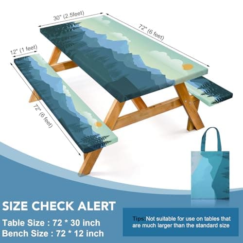 Picnic Table Cover with Bench Covers and Bag, 72in Camping Tablecloth, Waterproof Windproof Elastic Edges Fitted Rectangle Tables RV Gear Campers Must Have（Green） - Thumbnail 2