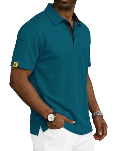 REXUHOWU Men's Polo Shirt Short Sleeve Moisture Wicking Sports Casual T-Shirt Golf Polo Shirt Business Collar Shirt for Men Darktealblue XXL - Thumbnail 2