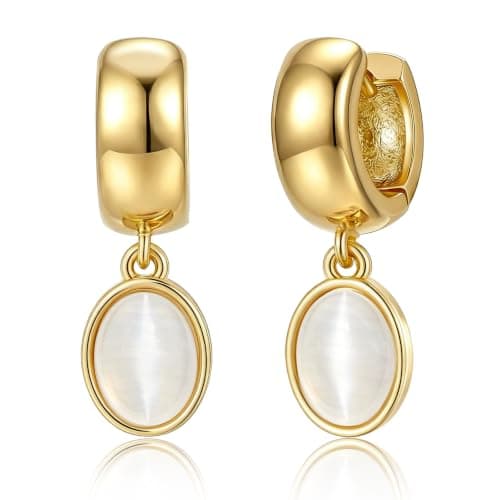 Trendy Gold Dangle Earrings for Women,14K Gold Plated Drop Earring Huggie Chunky hoop Earrings With Bezel-Set Statement Cat Eye Charm Lightweight Hypoallergenic Jewelry Accessories Gifts for Women