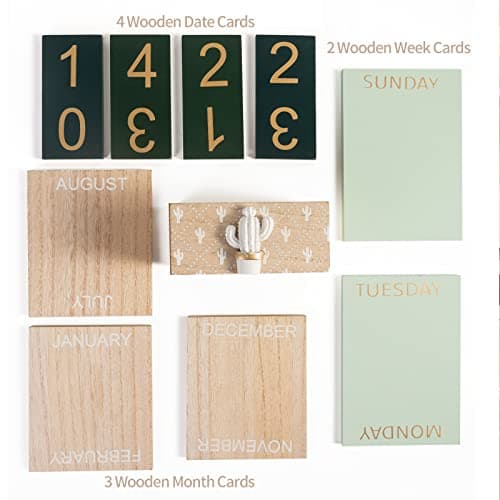 Perpetual Desk Calendar, Wooden Calendar Vintage Office Supplies Block Home Office Aesthetic Boho Desk Accessories Green Cactus Decor Gift - Thumbnail 4