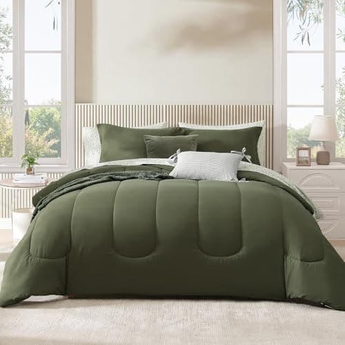 Monbix King Size Comforter Set - 7 Pieces Bed in a Bag King, Olive Green Track Stitching Bedding Sets, All Seasons Comforter Bed Set with Sheets, Pillowcases & Shams - Image 1