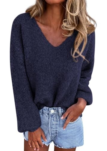 KIRUNDO Sweaters for Women Fall 2026 Oversized V Neck Cozy Cute Casual Long Sleeve Knit Pullover Trendy Winter Clothing(Navy, Medium) - Image 1