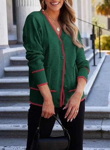 Dokotoo Long Cardigans for Women Open Front Lightweight Fashion Color Blocked Spring Twisted Knit Oversized Sweaters for Summer with Pockets,Blackish Green Small - Thumbnail 4