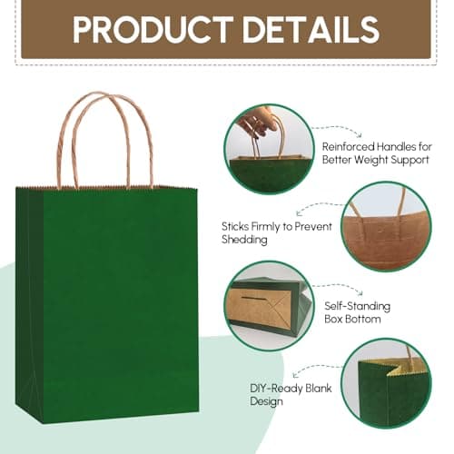 Qioxiou 60Pcs Forest Green Gift Bags with Handles 5.91x3.15x8.27 Small Size Bulk Kraft Paper Party Favor Bags for Christmas, Wedding, Birthday, Craft, Shopping, Retail, Grocery, Recyclable Paper Sacks - Thumbnail 3