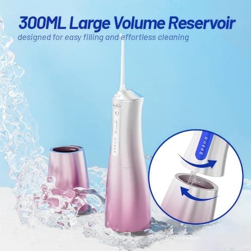 Water Dental Flosser Cordless with UVC Light, 3 Modes Portable Oral Irrigator, IPX7 Waterproof, 300ML Tank, Electric Teeth Cleaner for Tonsil Stones, Home & Travel Use (Pink) - Thumbnail 6