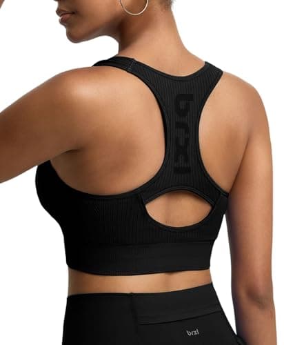 BRXL Front Zip Sprorts Bra Seamless Sewn in Pads Racerback Wide Straps Medium Impact for Running Yoga Gym Black M - Thumbnail 2
