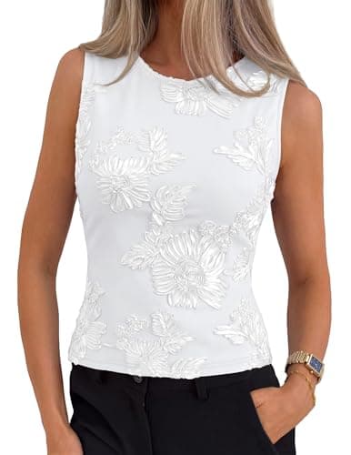 MEROKEETY Women's Summer Floral Sleeveless Tank Tops 2026 Trendy Mesh Going Out Business Casual Top Slim Fit Vacation Clothes, White, Medium - Image 1
