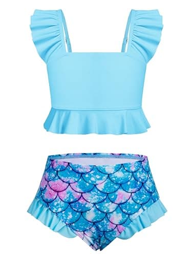 XiaoMoSha Girls Two Piece Swimsuits Ruffled Kids Bikini Sets Adjustable Straps Cute Bathing Suits for Little Girl Beach Swimwear Size 6 7 6-7 Blue Mermaid - Image 1