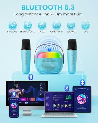 Mini Karaoke Machine for Kids, Toy for Girls Portable Bluetooth Speaker with 2 Wireless Microphones, Fashion Toy Gifts for Christmas Birthday, for 3 4 5 6 7 8+ Year Old Girls Gifts(Blue) - Thumbnail 4