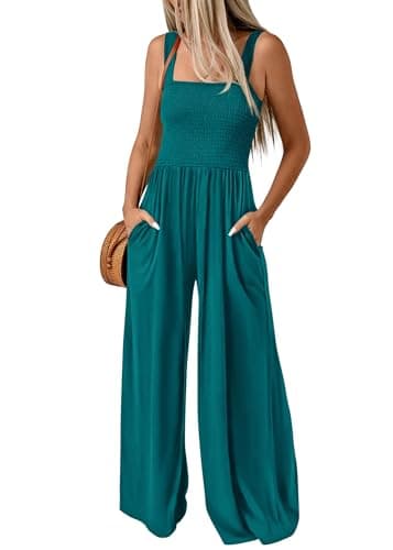 KIRUNDO Womens Jumpsuit 2026 Summer Casual Loose One Piece Overalls Smocked Sleeveless Wide Leg Rompers With Pockets(Peacock Blue, XX-Large) - Image 1