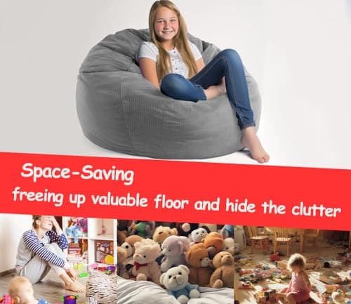 Stuffed Animal Storage Bean Bag Chair Corduroy Toy Cover Organize Plush Toys and Textiles Perfect Ultra Soft Sack Bean Bag (No Filler) Gray - Thumbnail 4