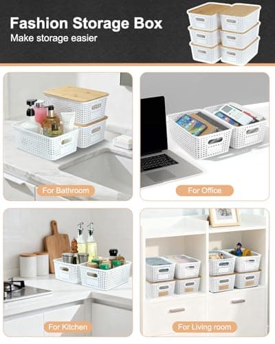 EOENVIVS Plastic Storage Baskets with Bamboo Lids for Pantry Organization and Storage Containers Bins for Shelves Drawers Desktop Closet Playroom Classroom Office Home, 6 Pack,White - Thumbnail 3
