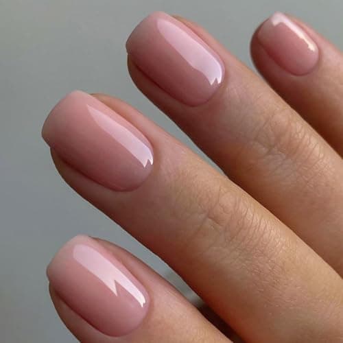 GLAMERMAID Nude Pink Press on Nails Short, Neutural Extra Short Square Glue on Nails for Women, Coral Pink Square Jelly Soft Gel Fake Nails, 32 Pcs Reusable Acrylic False Nails Manicure Kit for Women
