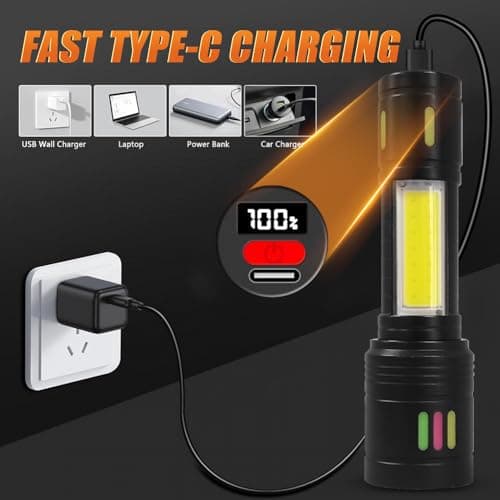 Jercoda Flashlight Rechargeable,Aluminum Handheld Rechargeable Flashlight High Lumens for Home & Outdoor,1000 Lumens Led Flashlight with COB Light & LCD Display,IPX4 Waterproof Tactical Flashlight - Thumbnail 6