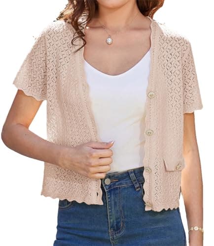 Women's Cropped Cardigan Sweaters Short Sleeve Button Down Sweaters Knit Cardigan Cute Open Front Crop Tops Apricot - Image 1