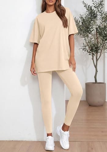 BTFBM Two Piece Lounge Set Women 2026 Spring Casual Oversized Shirts Leggings Matching Workout Airport Travel Outfits(Beige, XX-Large) - Thumbnail 4