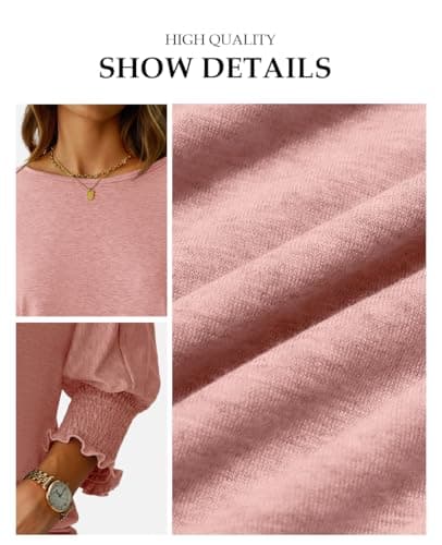 NORACORA Women's 3/4 Sleeve Tops Loose Fit Shirts Dressy Casual Crew Neck T Shirts for Women Basic Tees Shirt with Smocked Cuffs 2025 Fall Fashion Blouse Pink XXL - Thumbnail 5