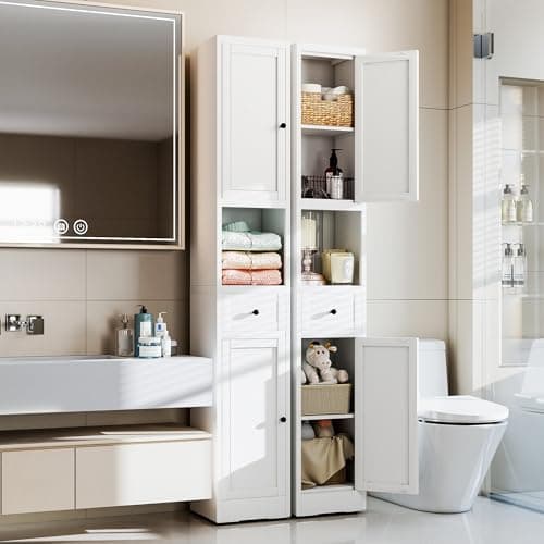 BIZOEIRON 71 Inch Tall Narrow Bathroom Storage Cabinet, Slim Metal Freestanding Floor Cabinet with Doors, Adjustable Shelves, Drawer & Open Shelf, Bathroom Organizer for Small Spaces, White - Thumbnail 2