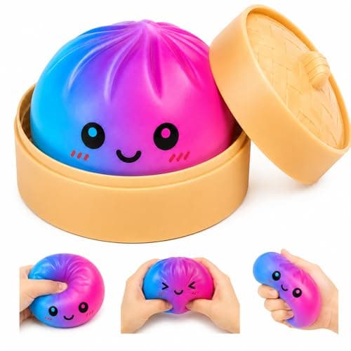 Blue Pink Dumpling Squishies, Colorful Squishies Dumplings, Soft Squeeze Desk Toy for Stress Relief, Surprise Bun Bao with Steamer Box, Fun Squi-shys Fidget Sensory Dumpling Toy Gift