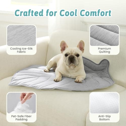 COZY KISS Cooling Mat/Pad/Blanket for Dogs & Cats Indoor — Fabric, Non-Gel, Non-Electric, Q-Max > 0.4 Leaf Shaped Pet Pad, Waterproof Summer Sleep Mat, 27x23 inch, Silver Grey - Thumbnail 5