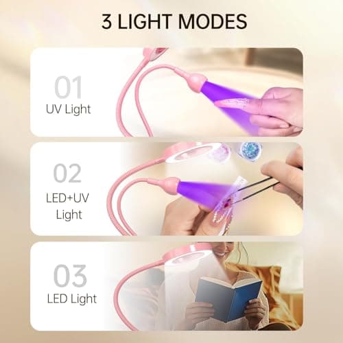 AORAEM LED UV Nail Lamp: Double-Headed Gooseneck Lamp for Gel Nails, LED Flash Cure Lamp with 6X Magnifier Home DIY Salon, Pink - Thumbnail 5