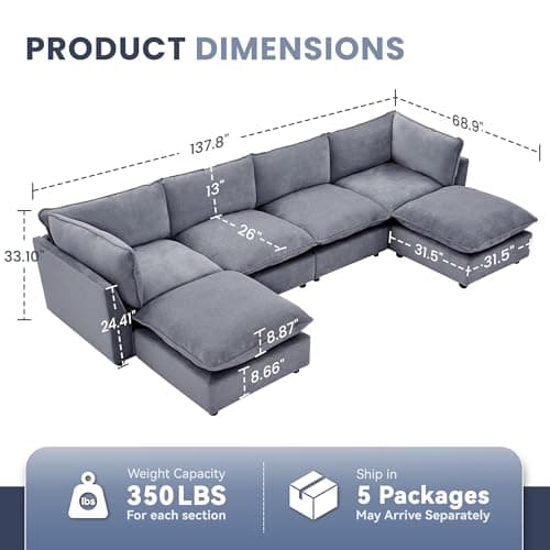 Iroomy Modular Sectional Sofa, U Shaped Chenille Cloud Couch Deep Comfy Seat, 6-Seater Sofas Couches for Living Room, Dusty Blue - Thumbnail 2