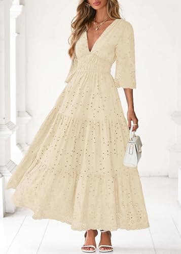 Lazysmile Long Sleeve Dresses for Women V Neck Hollow Out Eyelet Ruffle Swing A-Line Fall Vacation Boho Maxi Dress Apricot - Thumbnail 5
