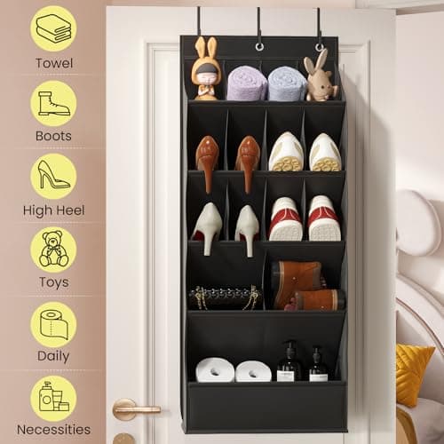 18 Pairs Over the Door Shoe Organizer, Shoe Rack for Closet Door with Large Breathable Pockets, Hanging Shoes Rack for Boots, Behind the Door Organizer Shoe Holder for Categorized Storage, Black - Thumbnail 2