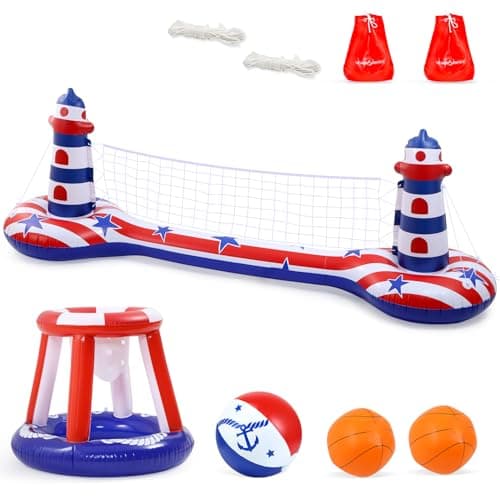 EagleStone Inflatable Pool Float Set with Volleyball Net & Basketball Hoop,2-in-1 Floating Water Games for Kids Adults, Backyard Beach Summer Toys, Heavy-Duty PVC Family Pool Party Essentials - Thumbnail 2