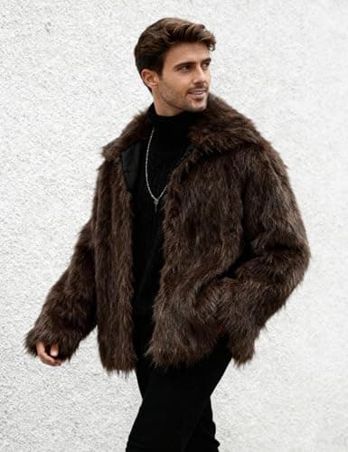 Eisctnd Men's Faux Fur Coat, Warm Fluffy Fuzzy Fleece Jacket with Lapel Collar for Winter Fashion Trench Outerwear(Coffee-S) - Thumbnail 3