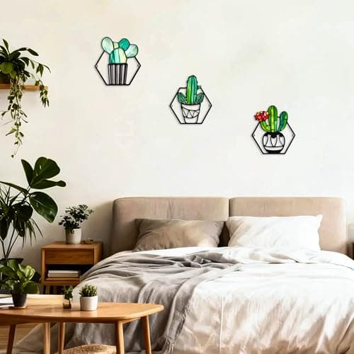 ArtCachet 3-Piece Metal Floral Wall Art - Bathroom Arts & Modern Farmhouse Decor,Home Wall Decors Sculptures for Living Room, Dining Room, Bedroom Wall Decorations & Housewarming Gift(Cactus -1) - Thumbnail 4
