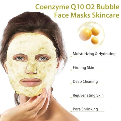 10 Sheets Coenzyme Q10 O2 Bubble Masks for Face, Bubble Face Mask Skincare for All Skin Types, Deep Cleansing Moisturizing Facial Mask Skin Care for Pores, Firming, Purifying, Sheet Masks for Spa - Thumbnail 2