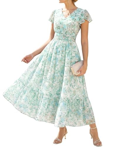 GRACE KARIN Women Dress,Maxi Floral Dresses,V Neck Wedding Guest Flowy Dress 2026 White with Blue and Green Flowers S - Image 1