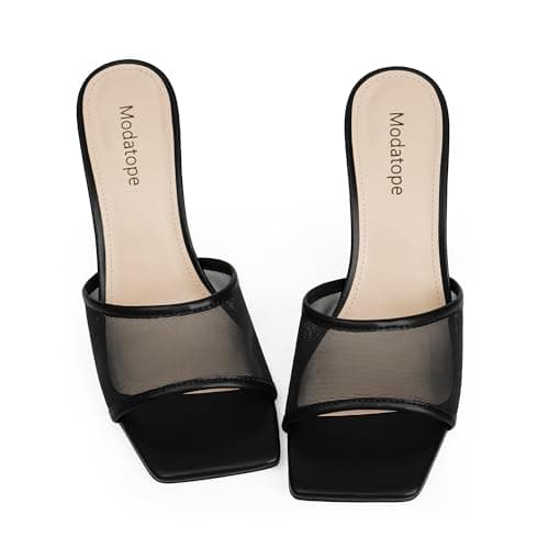 Black Heels for Women Open Toe Mules Mesh Slip On Sandals Heels for Women Size 6.5 - Thumbnail 5
