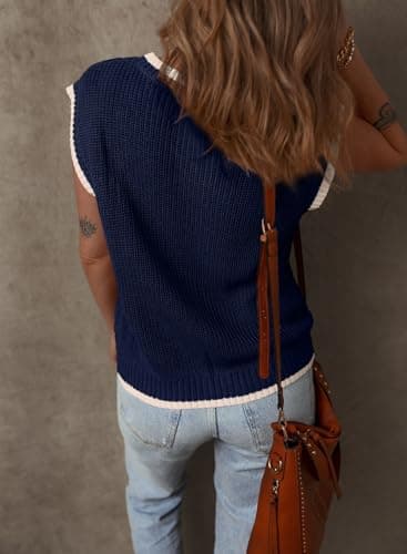 Dokotoo Summer Outfits for Women Round Neck Cap Sleeve Color Block Cable Knit Tank Top for Women Sweater Vest Women Navy Blue X Large - Thumbnail 3