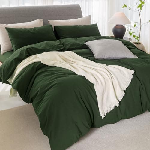 ELIMMO Cooling Duvet Cover Set 3 Pieces-100% Washed Cotton Linen Like Textured Ultra Soft Cozy Bedding with Zipper Closure,Includes 1 Duvet Cover & 2 Pillow Shams(Forest Green,Oversized King 120"x98") - Thumbnail 2