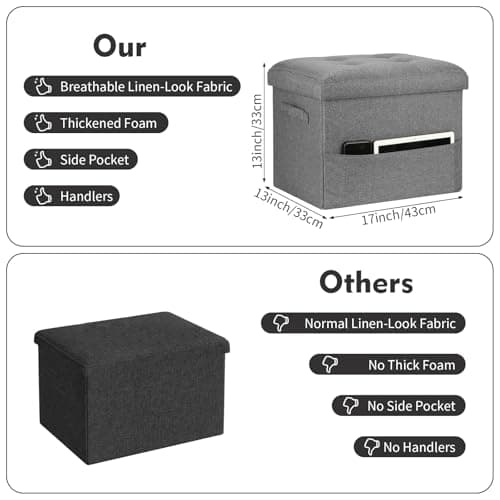 FaiPue Storage Ottoman. Foot Rest Stool with Thicker Foam Padded Seat. Linen Footstool Storage Bench, 350 lbs Folding Bench Small Ottoman for Living Room, Bedroom, Coffee Table. 17x13x13in, Dark Gray - Thumbnail 2