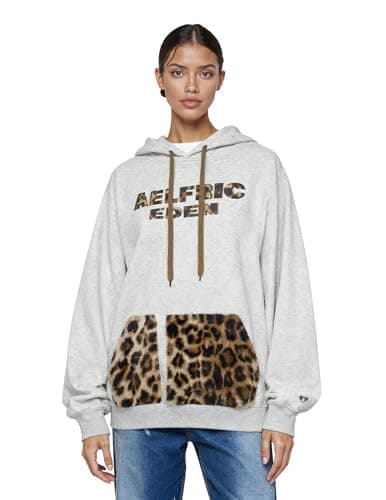 Aelfric Eden Oversized Hoodies Womens Leopard Letter Print Hoodie Fall Y2k Hooded Sweatshirts With Pocket Light Gray Large - Thumbnail 2