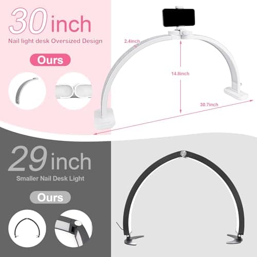 obcd Half Moon Light for Nail Desk 31" Foldable LED Nail Desk Lamp with Phone Holder, Professional Nail Tech Light for Manicure & Beauty Studio - Thumbnail 2