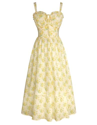 Scarlet Darkness Floral Dress for Women 2026 Spring Yellow Dresses Cottagecore Long Flowy Sundress Yellow M - Image 1