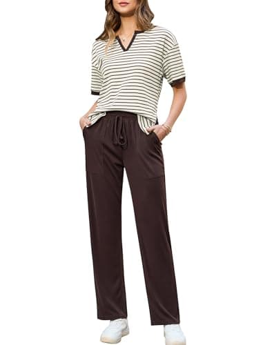 difficort 2 Piece Sets for Women Two Piece Set Summer Outfits Fashion Clothing Travel Cruise Outfits Spring Clothes Trendy Lounge Sets Holiday Airport Matching Wide Leg Pants Coffee Apricot Stripe M - Image 1