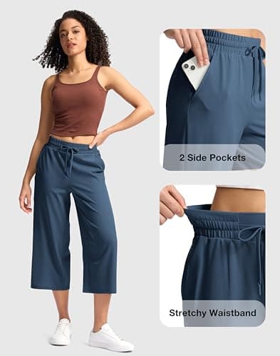 Soothfeel Women's Capri Pants Loose High Waisted Wide Leg Lightweight Travel Hiking Pants for Women Casual Summer with Pocket Dark Blue XXXL - Thumbnail 4