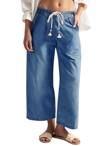 Cicy Bell Women's Wide Leg Jeans Casual Drawstring High Wasit Boyfriend Loose Baggy Capri Denim Pants with Pockets Blue - Image 1
