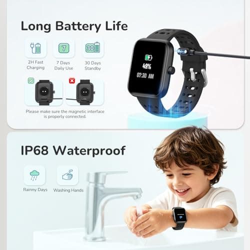 Smart Watch Kids Fitness Tracker, Kids Smart Watch with Health Monitor, Activities Track & Water/Rest/Task Reminder, IP68 Waterproof Smartwatch with Puzzle Games, Boys Gift for Birthday-Black(2 Bands) - Thumbnail 5