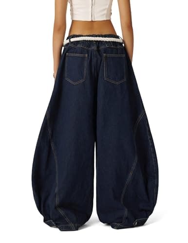 Aelfric Eden Super Baggy Barrel Jeans Wide Leg Jeans Unisex Casual Drawstring Elastic Waist Denim Pants Trouser Blue - Thumbnail 6