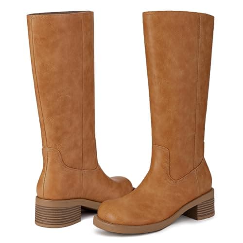 Athlefit Knee High Boots for Women Square Toe Chunky Heel Tall Riding Fall Boots Slip On Fashion Brown Booties - Thumbnail 5