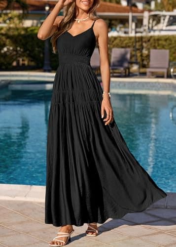 KIRUNDO Maxi Dresses for Women 2026 Summer Sleeveless Spaghetti Strap Long Flowy Beach Vacation Dress Boho A Line Sundress Black - Thumbnail 5