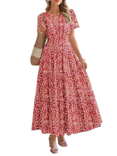 BTFBM Womens Summer Floral Maxi Dresses V Neck Short Sleeve Boho Casual Flowy Long Wedding Guest Dress Beach Vacation(Floral Orange Red, Small)