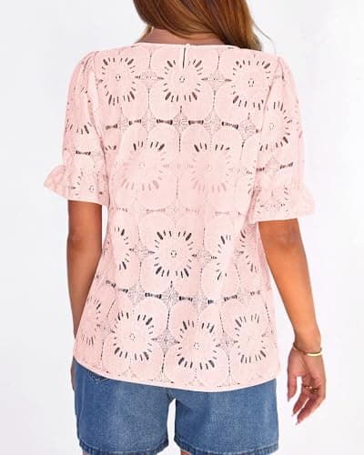 KIRUNDO Lace Tops for Women Blouses Dressy Casual Boho Eyelet Puff Short Sleeve Shirts Spring Summer Clothes Vacation Outfits(Pink, Medium) - Thumbnail 4